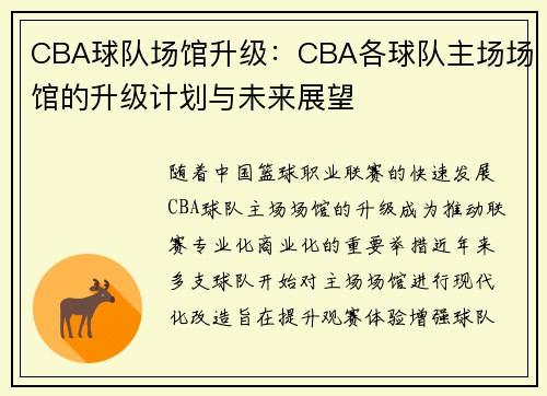 CBA球队场馆升级：CBA各球队主场场馆的升级计划与未来展望