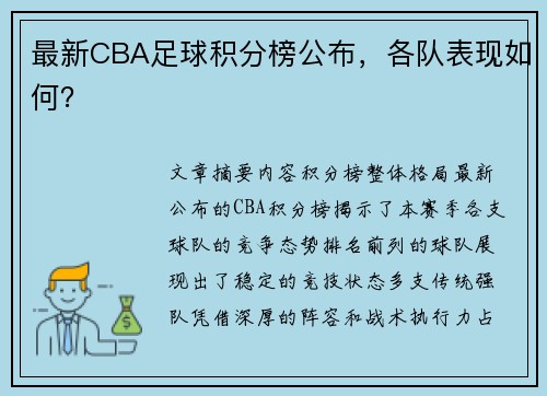 最新CBA足球积分榜公布，各队表现如何？